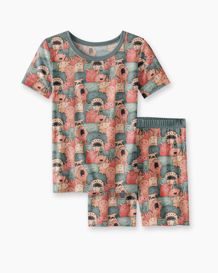 Cute Monster Crowd Bamboo Two Piece Short Sleeve Shorts Pajama Set