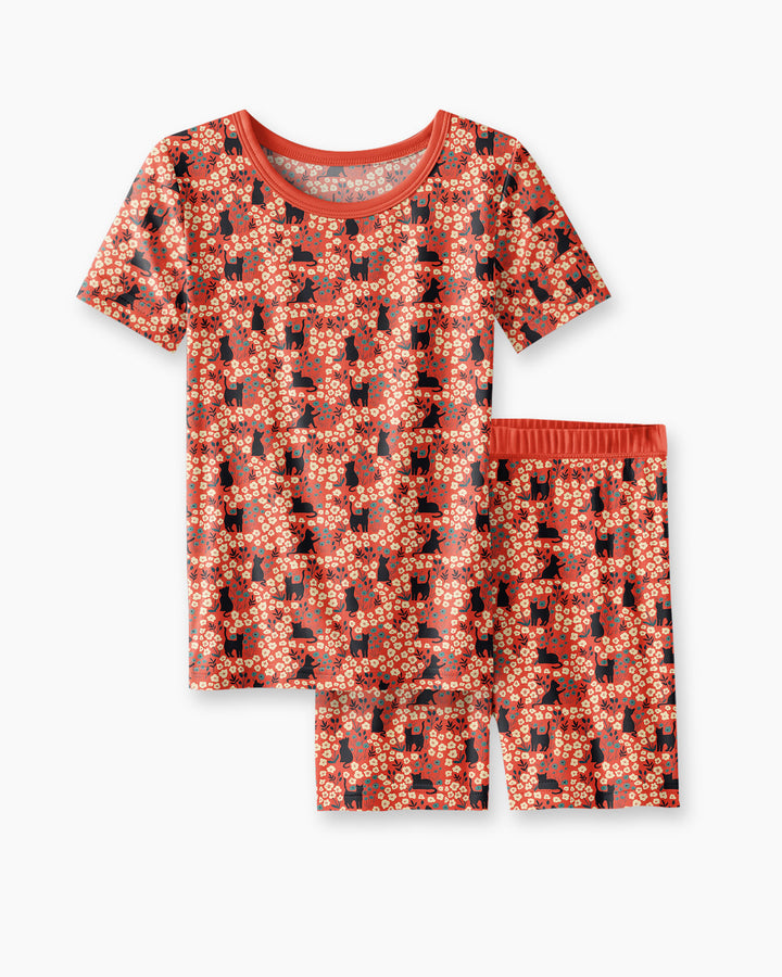 Black Cat Ditsy Bamboo Two Piece Short Sleeve Shorts Pajama Set