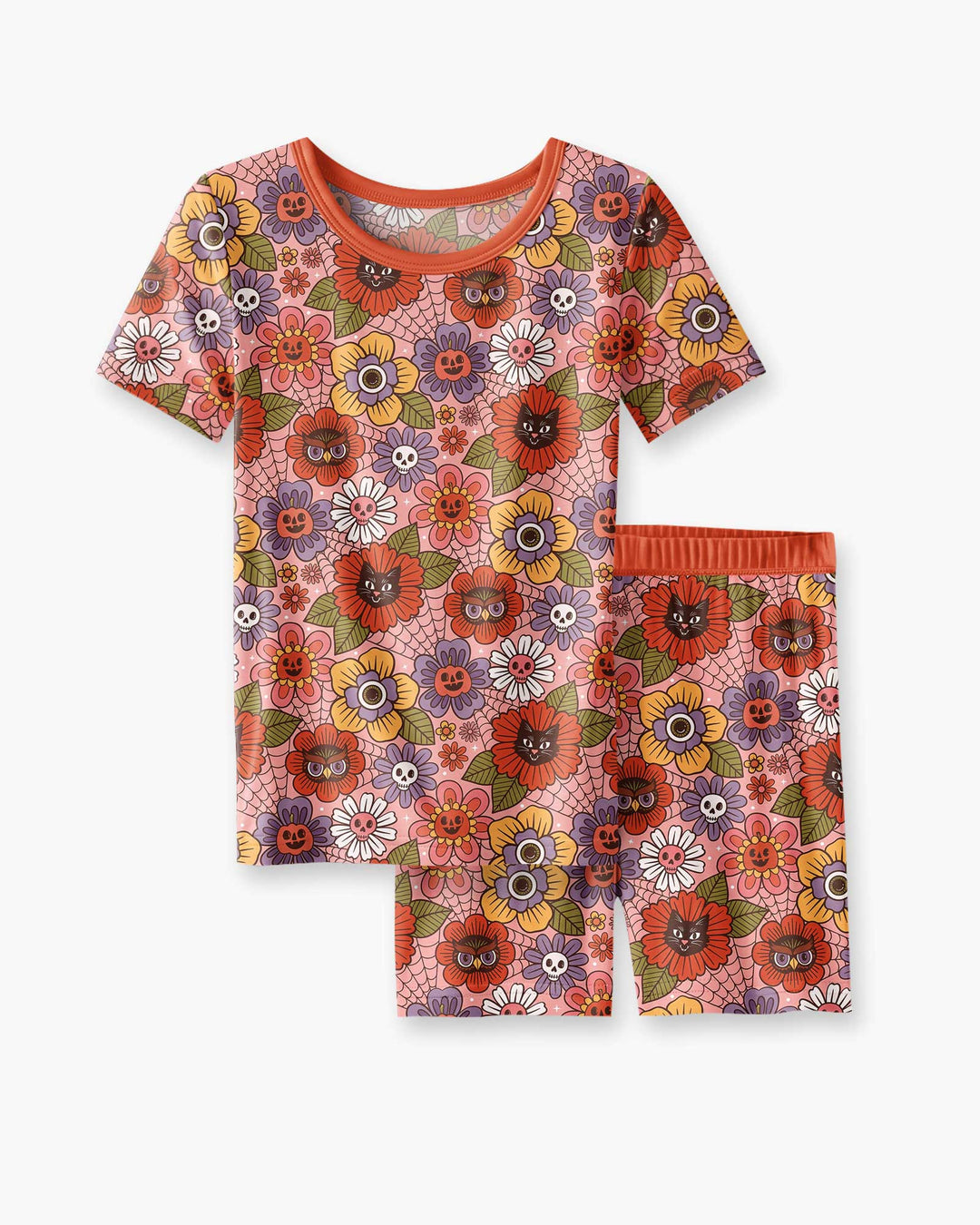 70s Halloween Floral Bamboo Two Piece Short Sleeve Shorts Pajama Set