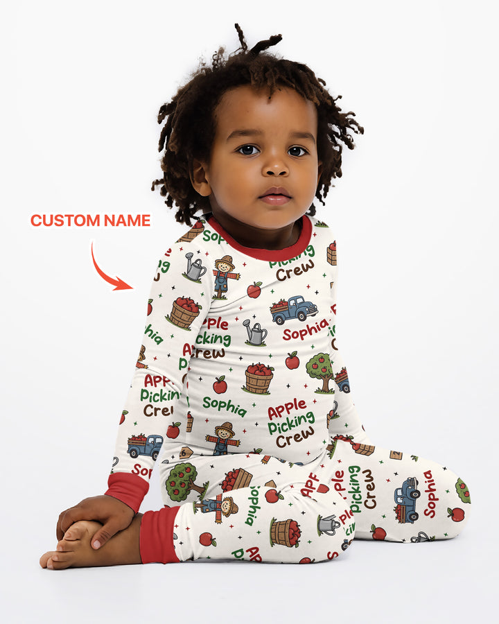 Custom Name Apple Picking Crew Bamboo Two Piece Long Sleeve Pajama Set