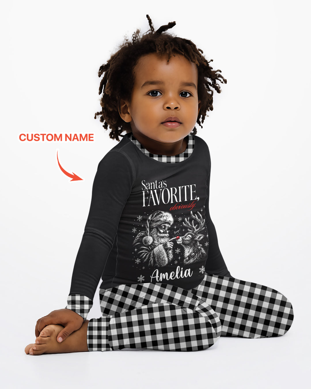 Custom Name Santa's Favorite Buffalo Plaid Bamboo Two Piece Long Sleeve Pajama Set