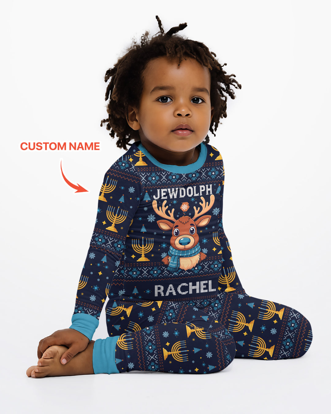 Custom Name Jewdolph Hanukkah Bamboo Two Piece Long Sleeve Pajama Set
