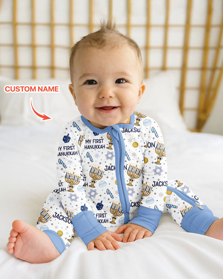 Custom Name Doodle Dreidel First Hanukkah Bamboo Convertible Zippy