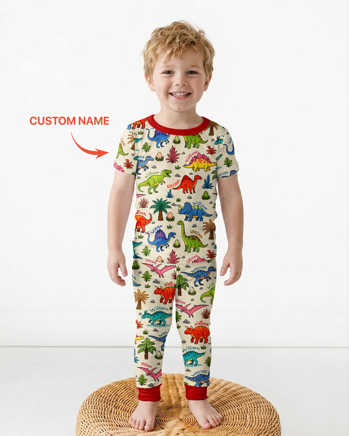 Dino Field Guide Custom Name Bamboo Two Piece Short Sleeve Pajama Set