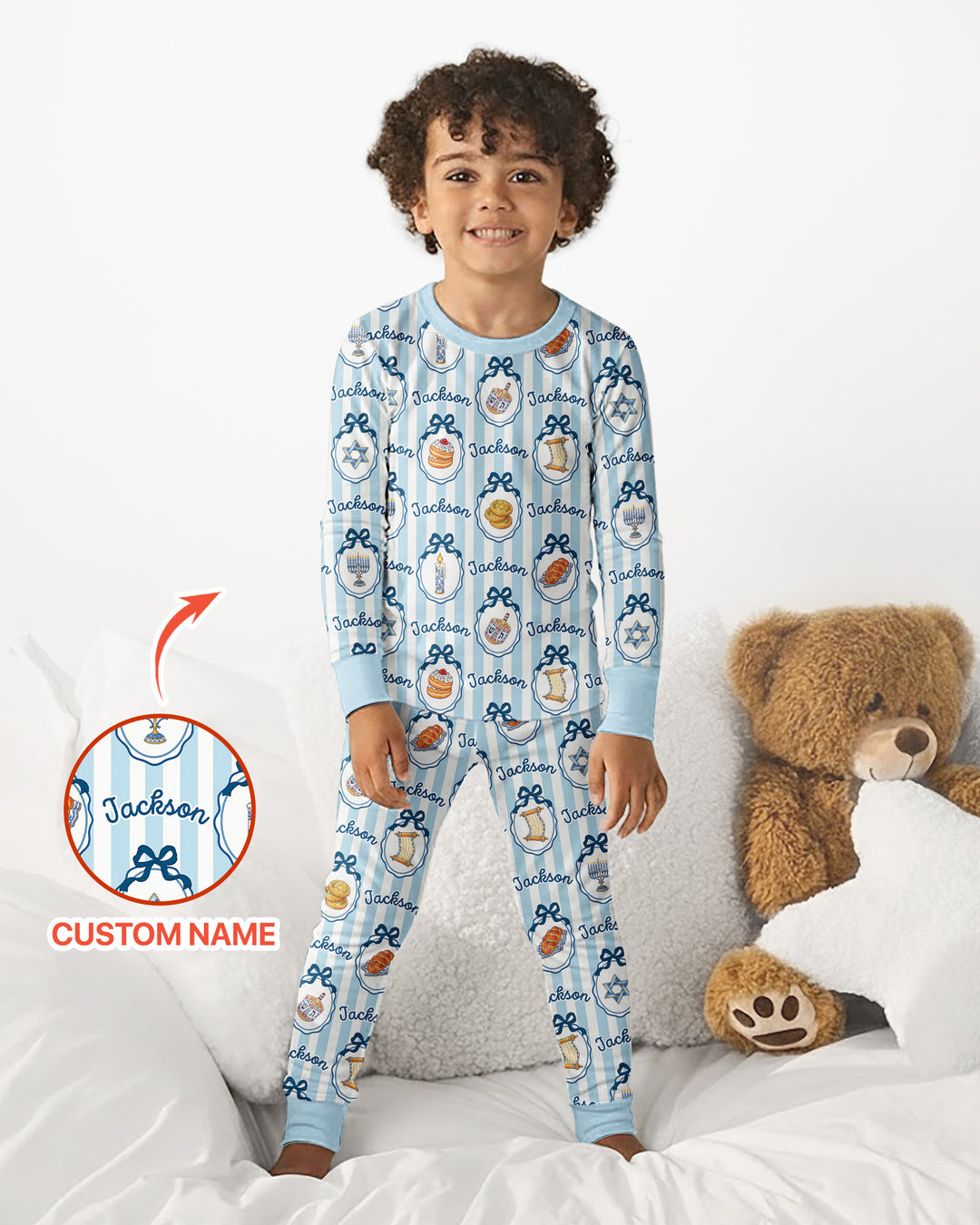 Custom Name Hanukkah Striped Bamboo Two Piece Long Sleeve Pajama Set