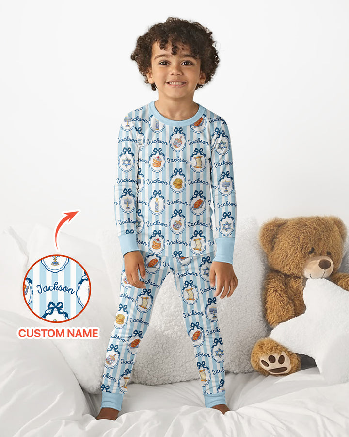 Custom Name Hanukkah Striped Bamboo Two Piece Long Sleeve Pajama Set