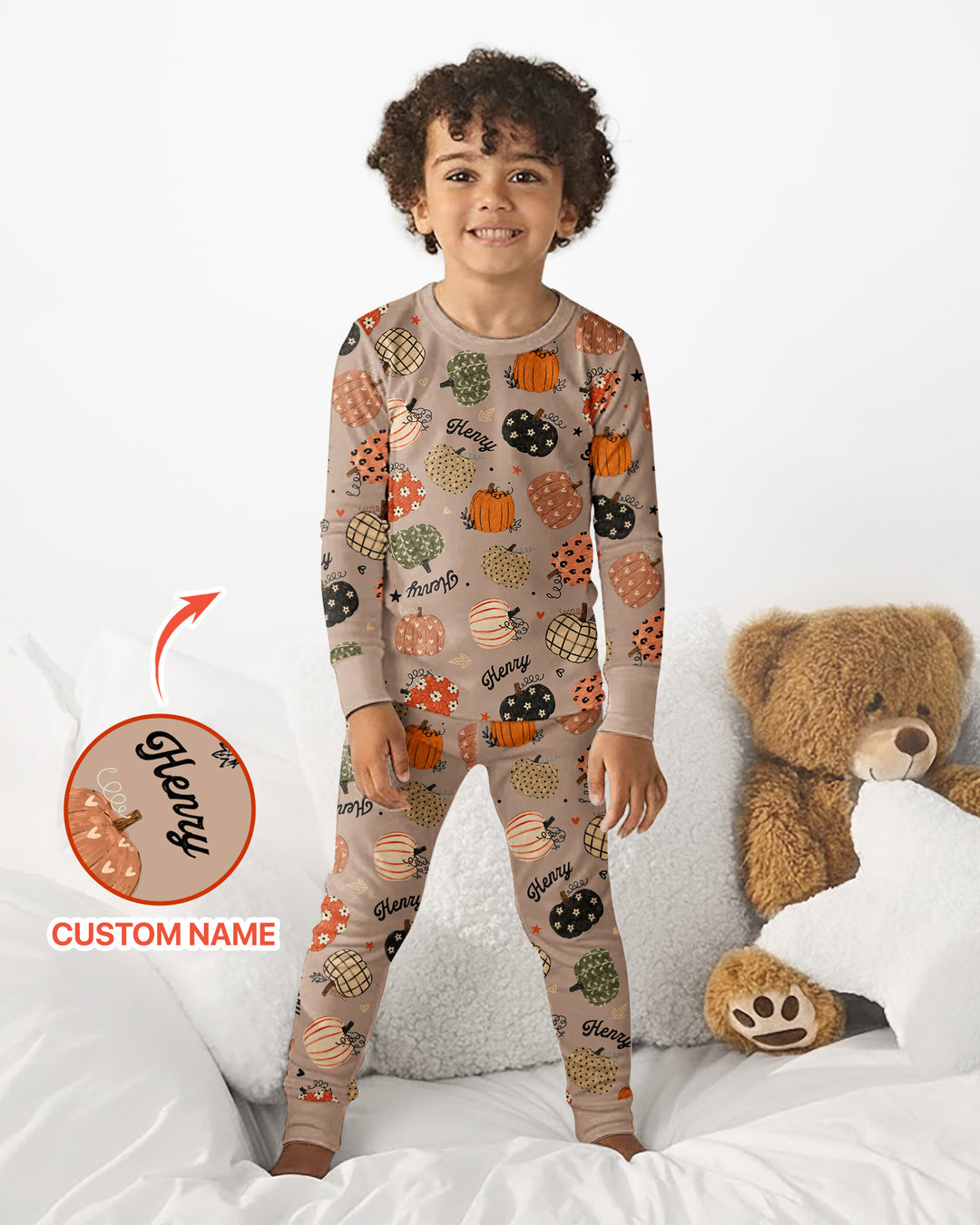 Custom Name Boho Pumpkin Bamboo Two Piece Long Sleeve Pajama Set