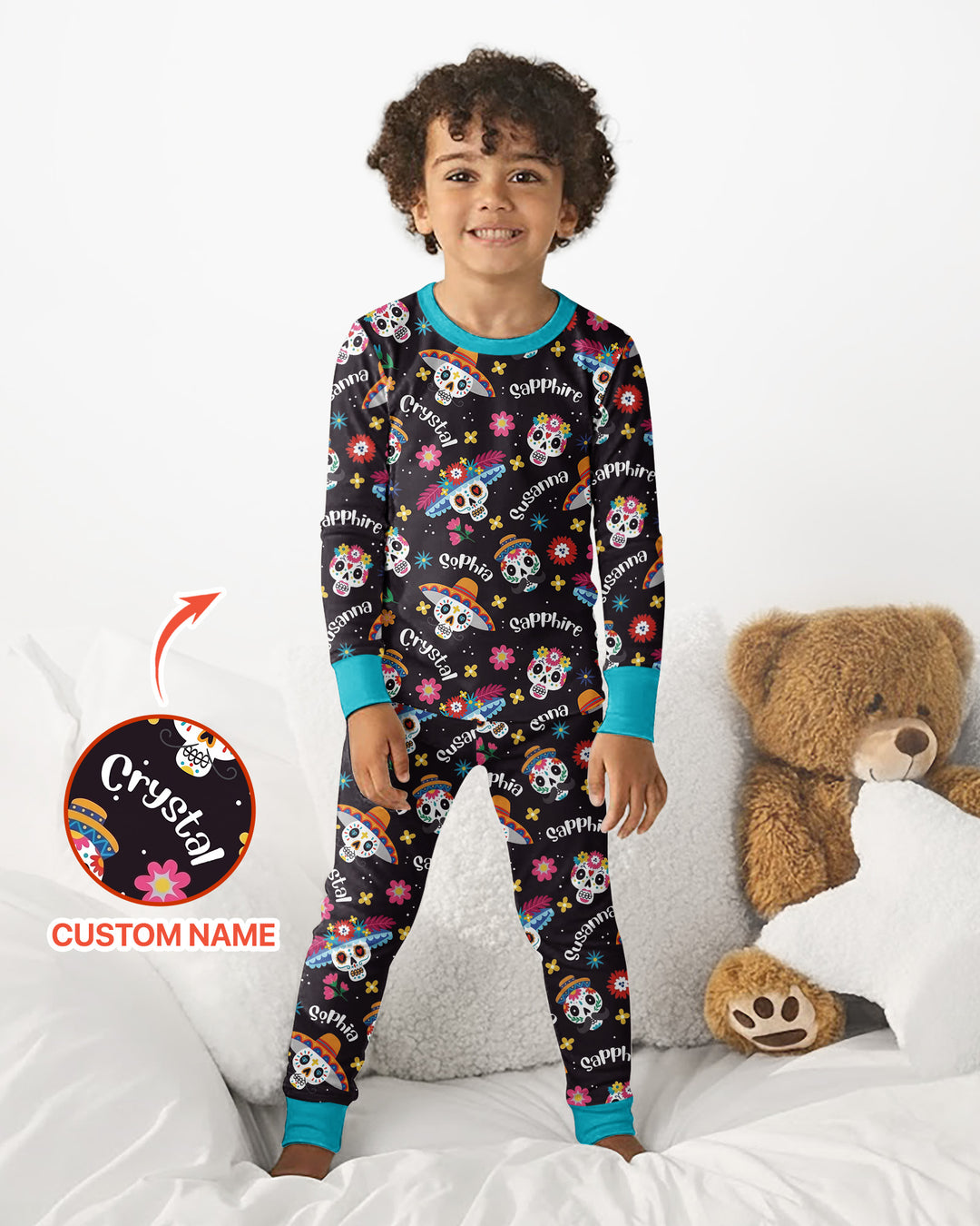 Custom Name Dia De Los Muertos Bamboo Two Piece Long Sleeve Pajama Set