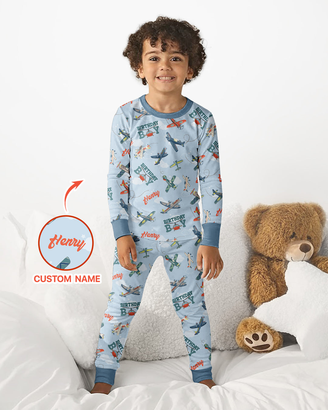 Personalized Airplane Birthday Boy Bamboo Two Piece Long Sleeve Pajama Set