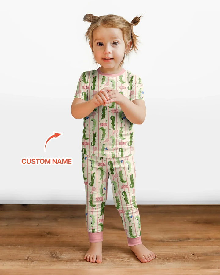 Custom Name Tennis Crocodiles Bamboo Two Piece Short Sleeve Pajama Set