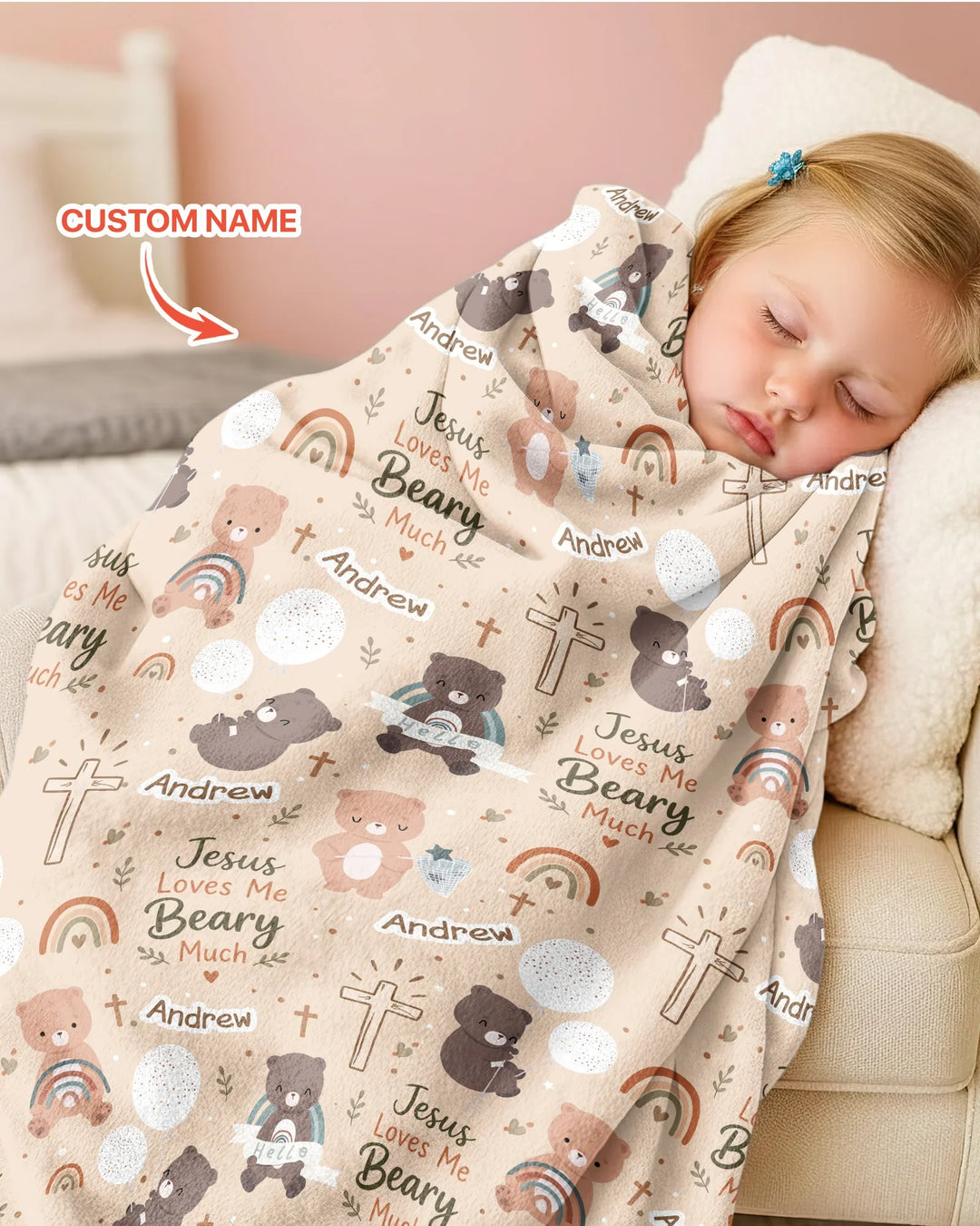 Custom Name Jesus Loves Me Beary Much Bamboo Blanket