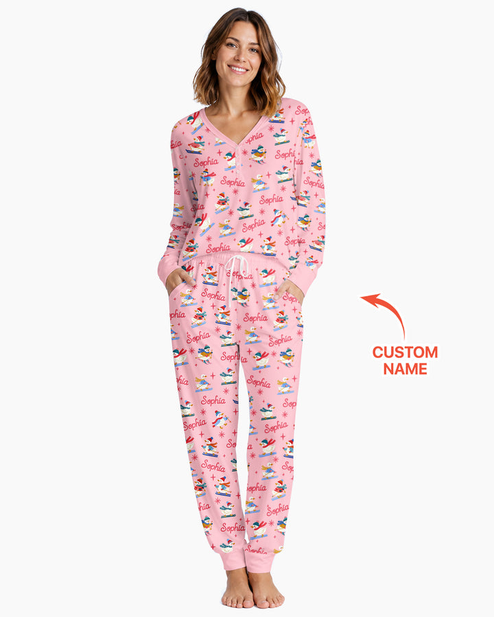 Custom Name Skiing Goose Bamboo Women Pajama Set