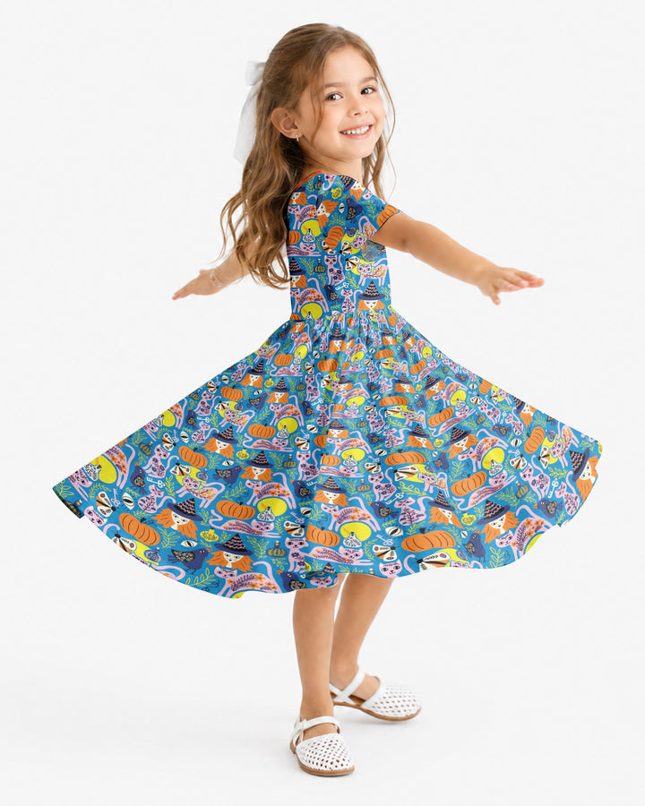Whimsical Witch Cats Bamboo Twirl Dress