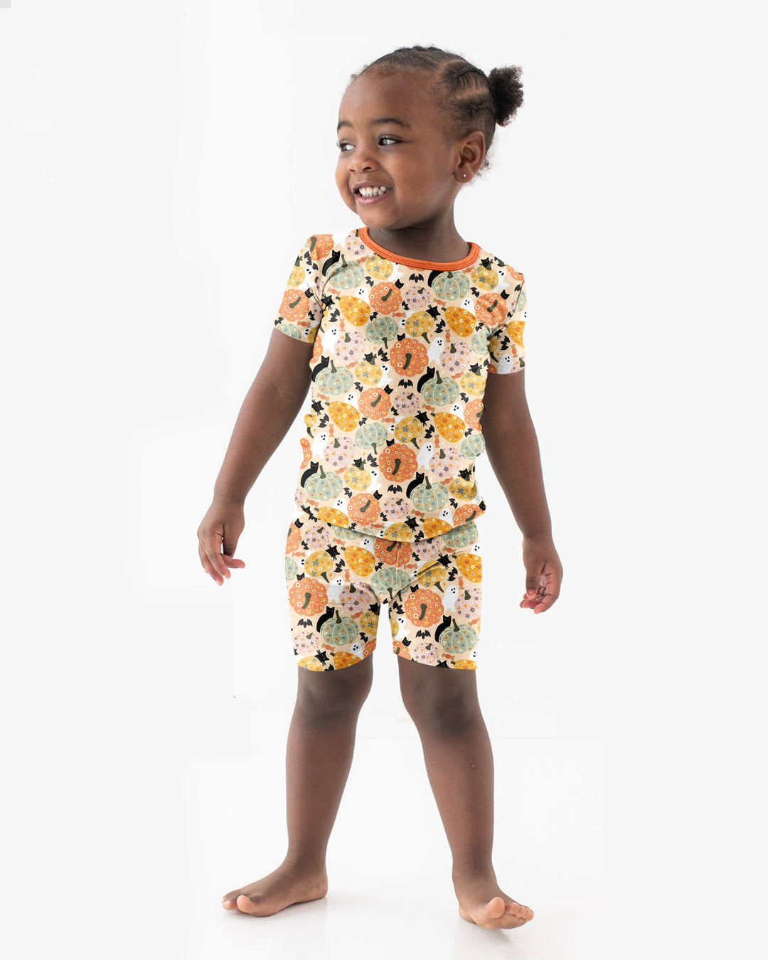 Floral Pumpkin Ghost Halloween Bamboo Two Piece Short Sleeve Shorts Pajama Set