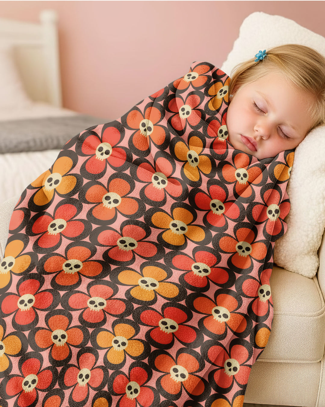 Retro Skull Flower Halloween Bamboo Blanket
