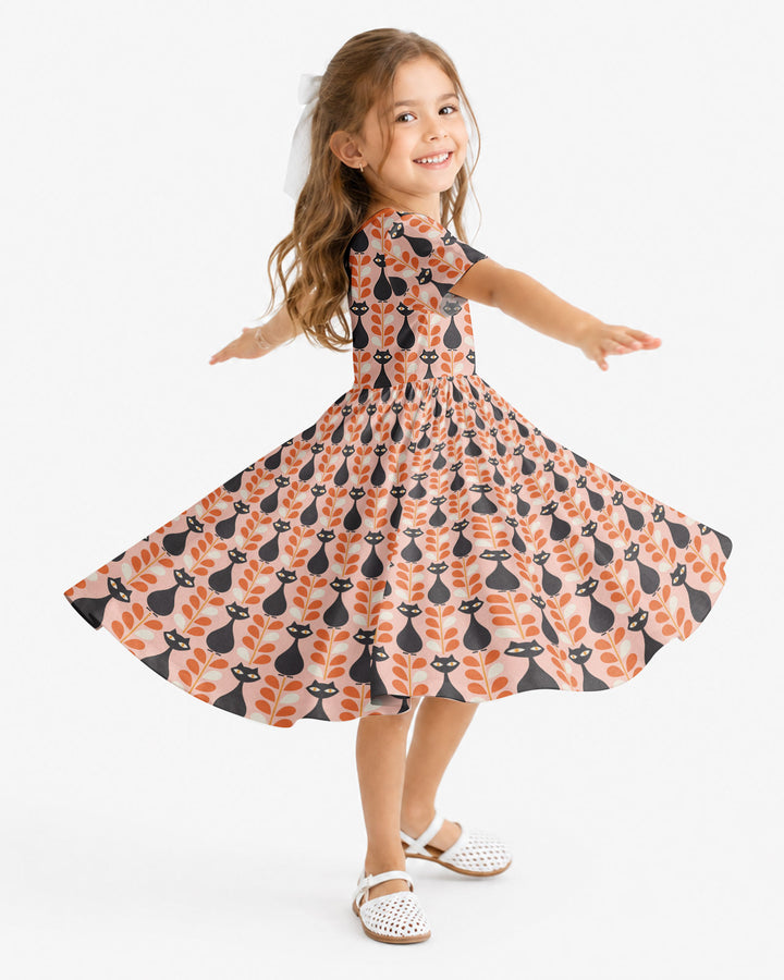 Retro Black Cat Garden Bamboo Twirl Dress