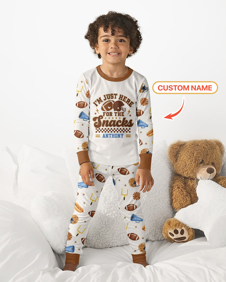 Custom Name Football I'm Just Here For The Snacks Bamboo Two Piece Long Sleeve Pajama Set