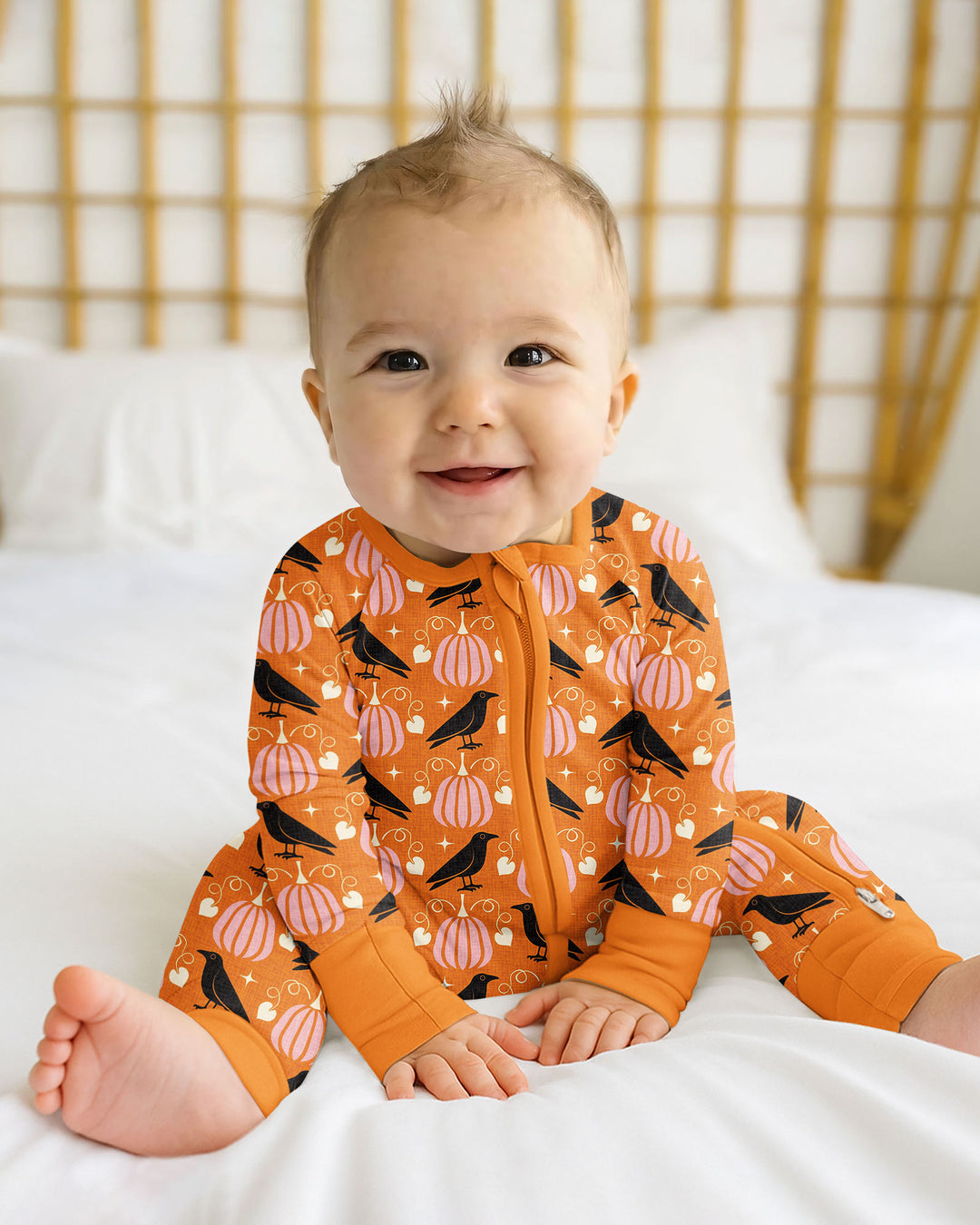 Ravens in a Pumpkin Patch - Orange Pink Bamboo Convertible Zippy