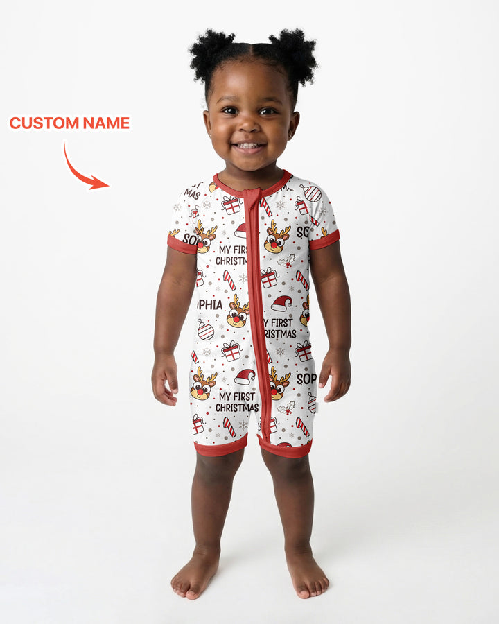 Custom Name Reindeer Doodle My First Christmas Bamboo Shorty Zippy