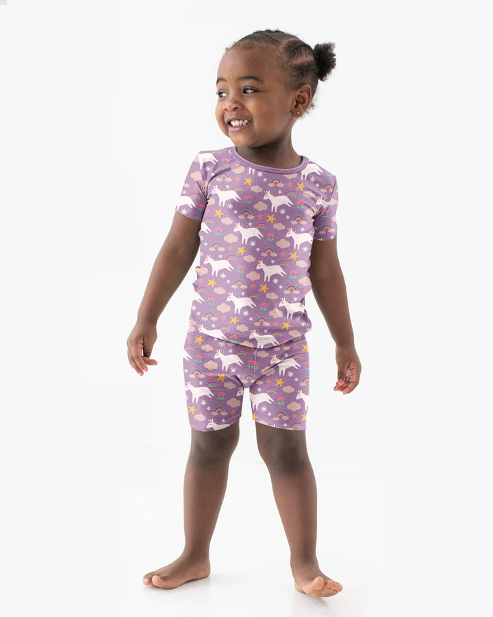 Lila Einhörner Bambus Zweiteiler Kurzarm Shorts Pyjama Set