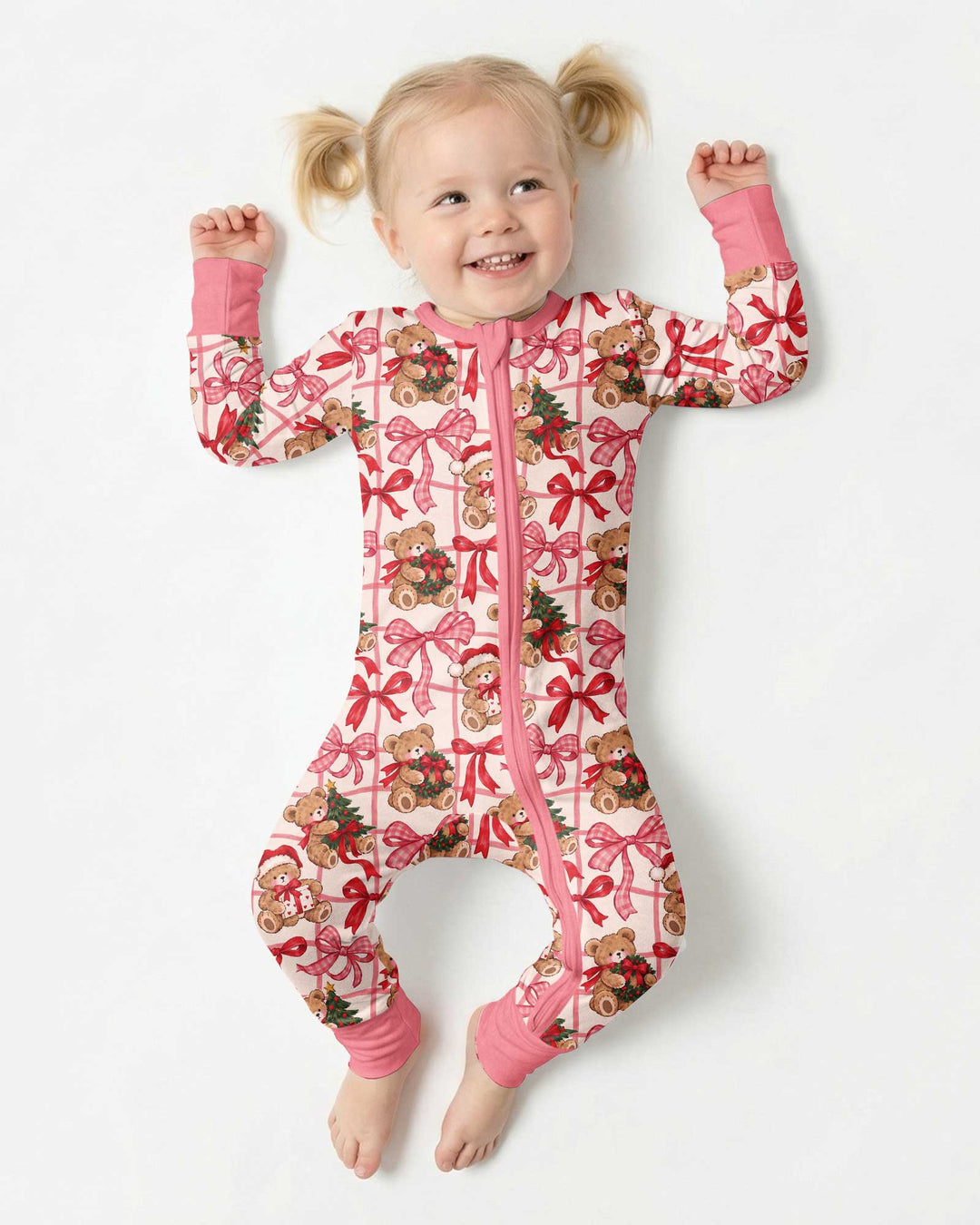 Pink Christmas Teddy Bear Plaid Mommy & Me Matching Bamboo Convertible Zippy