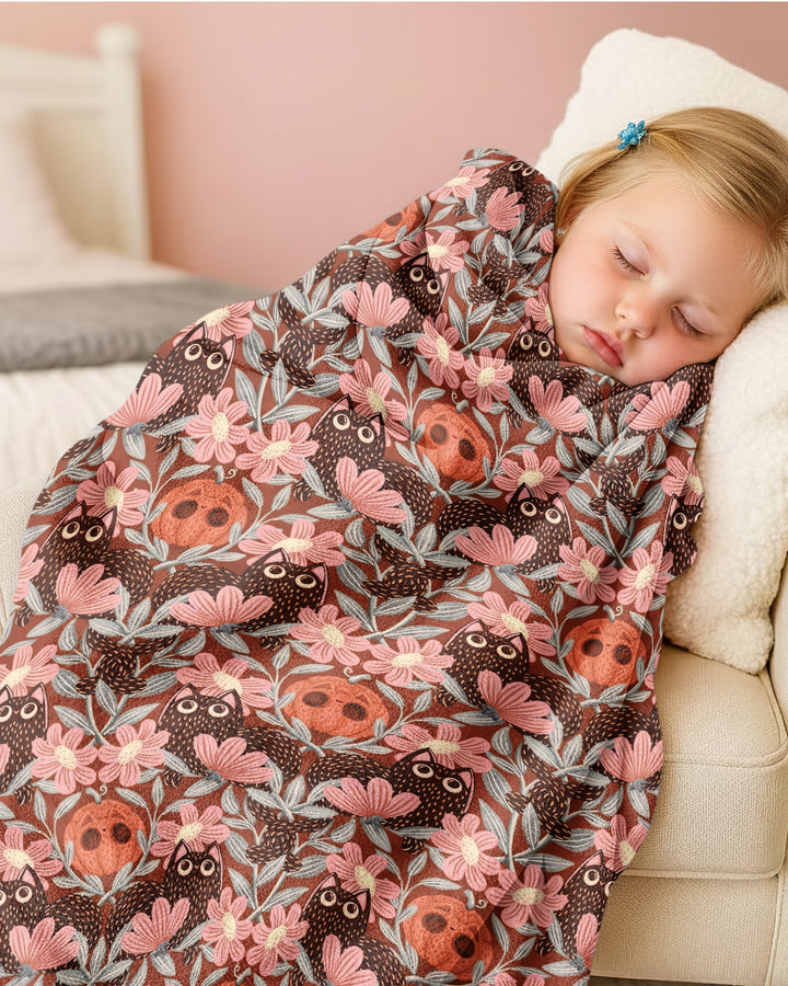 Spooky Owl Pumpkin Folk Floral Halloween Bamboo Blanket