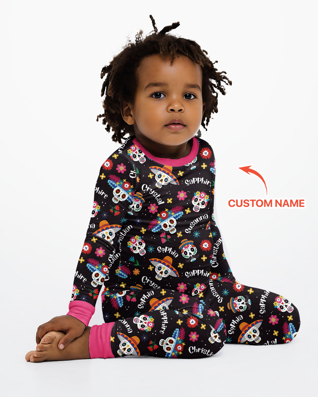 Custom Name Dia De Los Muertos Bamboo Two Piece Long Sleeve Pajama Set