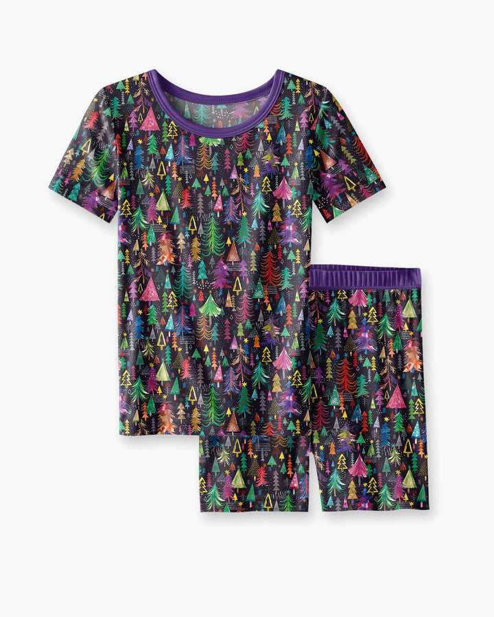 Christmas Holiday Colorful Trees Bamboo Two Piece Short Sleeve Shorts Pajama Set