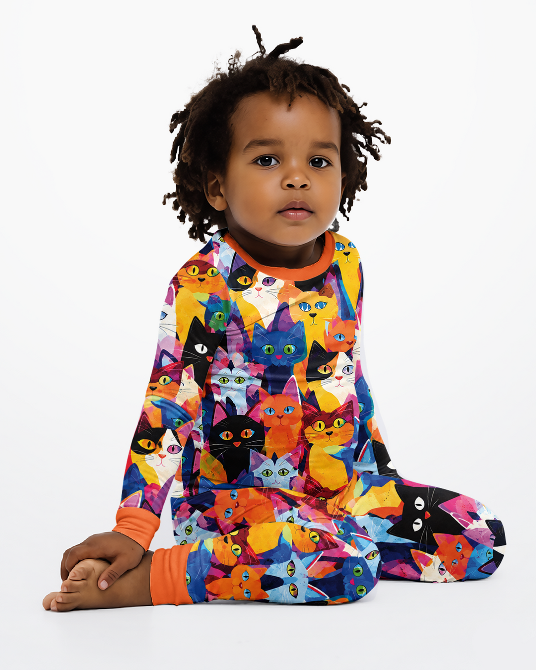 Cartoon Abstract Kitten Pattern Bamboo Two Piece Long Sleeve Pajama Set