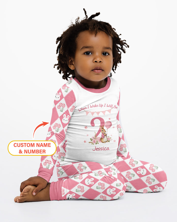 Custom Name When I Wake Up Bunny Birthday Bamboo Two Piece Long Sleeve Pajama Set
