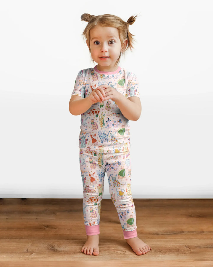 Whimsical Cat Parade Two Piece Short Sleeve Pajama Set
