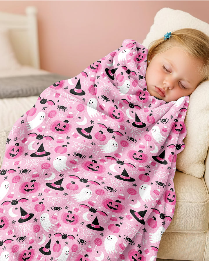 Cute Pink Halloween Ghost Pumpkin Witch Bamboo Blanket