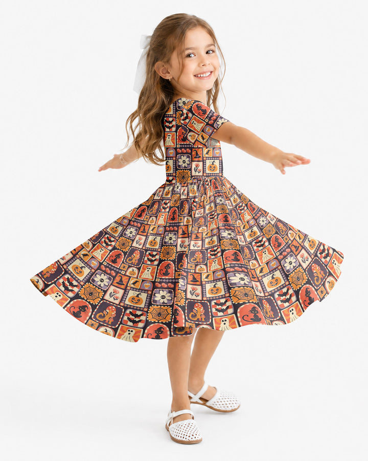 Retro Halloween Patchwork Icons Bamboo Twirl Dress