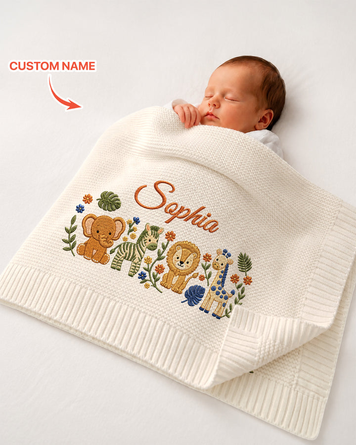 Safari Animal Embroidered Baby Cotton Blanket