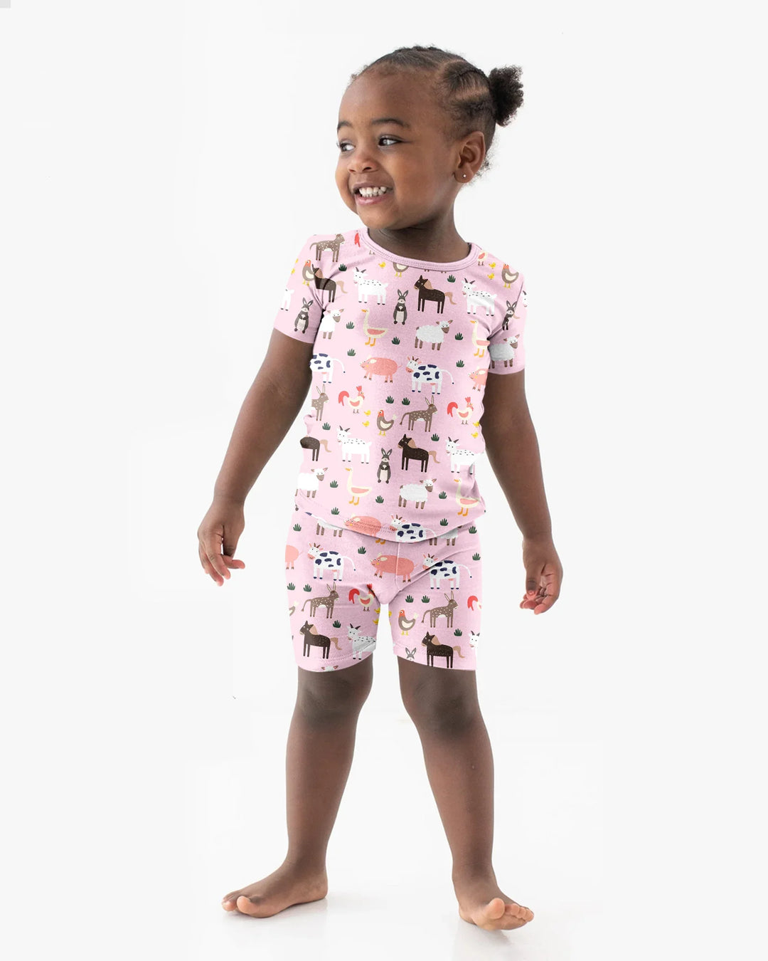 Pink Farm Animals Bamboo Two Piece Short Sleeve Shorts Pajama Set