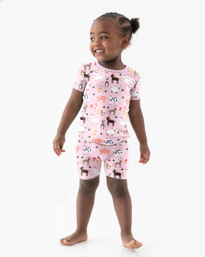 Pink Farm Animals Bamboo Two Piece Short Sleeve Shorts Pajama Set