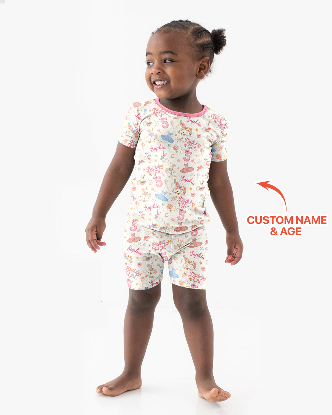 Ballerina Birthday Girl Custom Name & Age Bamboo Two Piece Short Sleeve Shorts Pajama Set