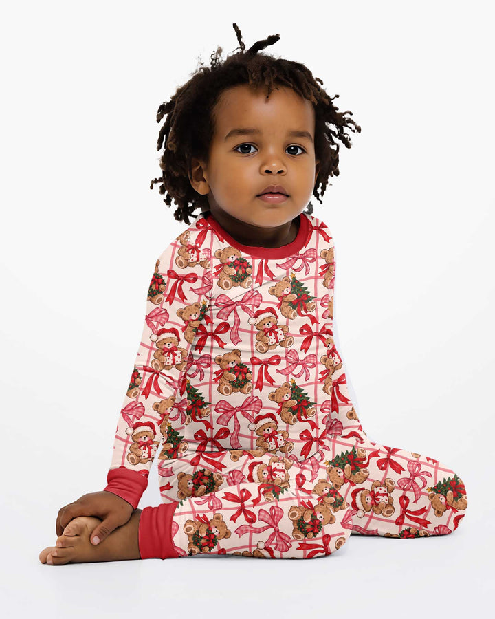 Pink Christmas Teddy Bear Plaid Mommy & Me Matching Bamboo Two Piece Long Sleeve Pajama Set