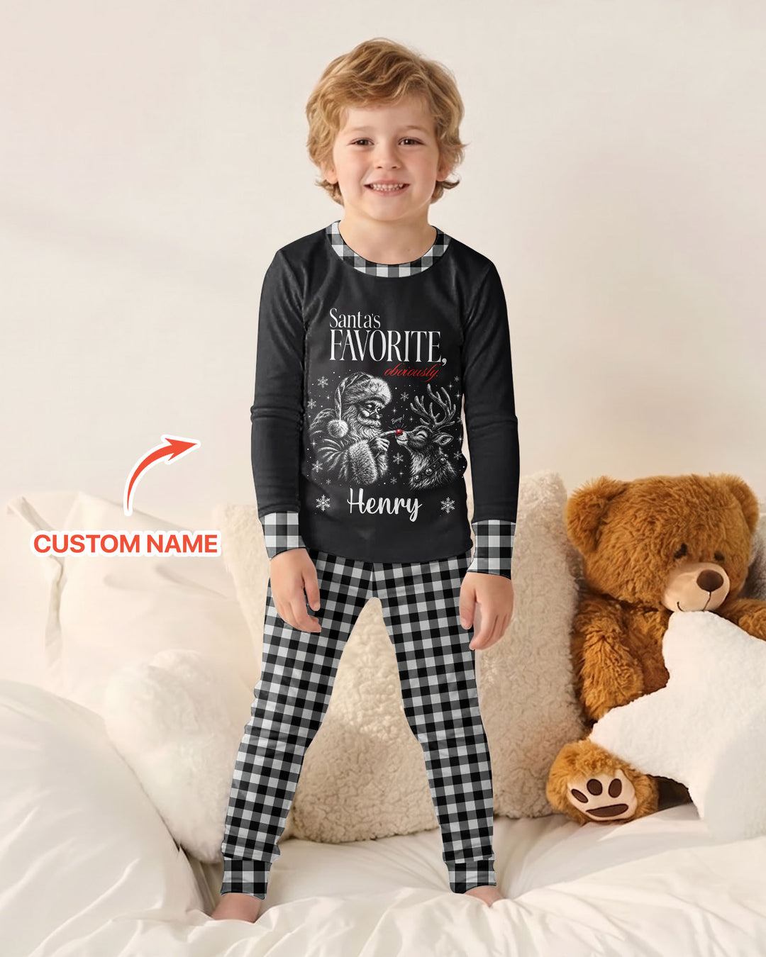 Custom Name Santa's Favorite Buffalo Plaid Bamboo Two Piece Long Sleeve Pajama Set