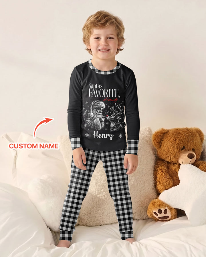 Custom Name Santa's Favorite Buffalo Plaid Bamboo Two Piece Long Sleeve Pajama Set