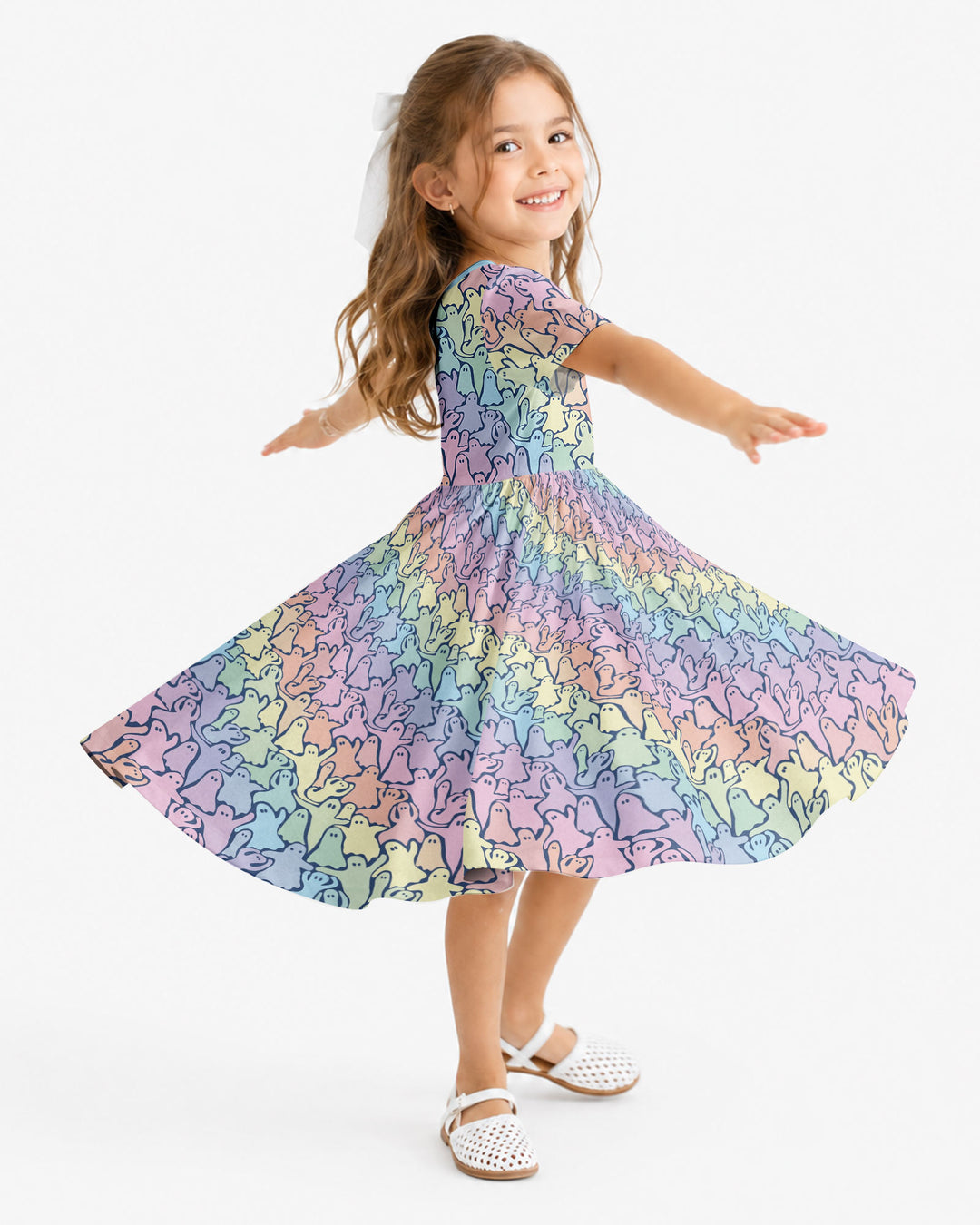 Pastel Rainbow Ghost Halloween Bamboo Twirl Dress