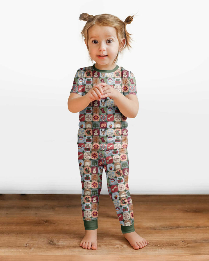 Christmas Felt Patchwork Bamboo Two Piece Short Sleeve Pajama Set