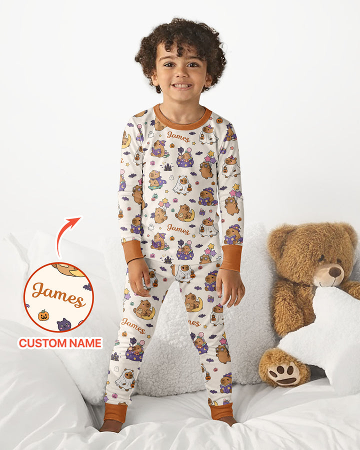 Custom Name Kawaii Halloween Capybara Bamboo Two Piece Long Sleeve Pajama Set