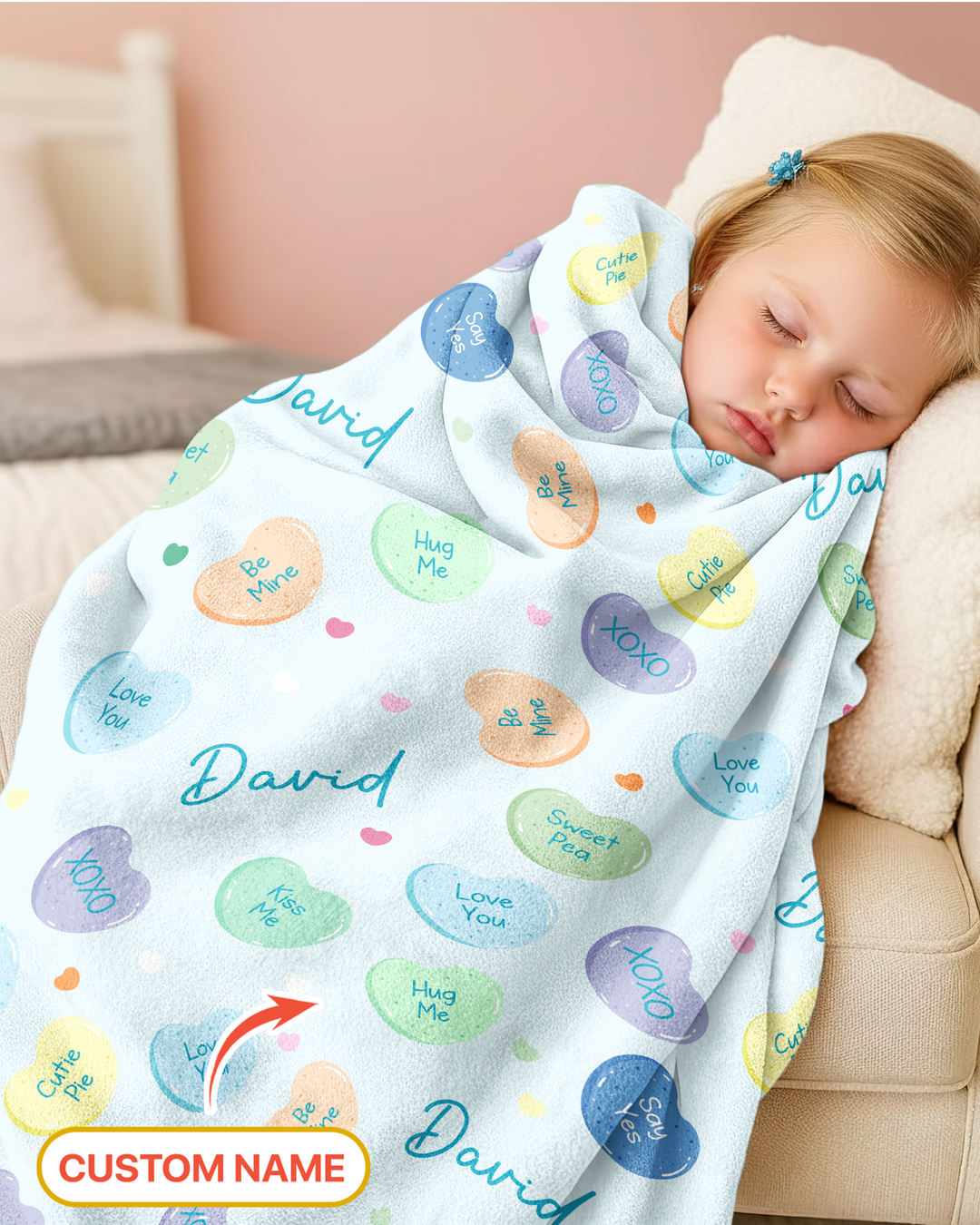 Custom Name Colorful Candy Hearts Family Matching Bamboo Blanket