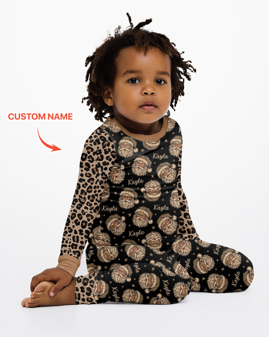 Custom Name Vintage Leopard Santa Bamboo Two Piece Long Sleeve Pajama Set