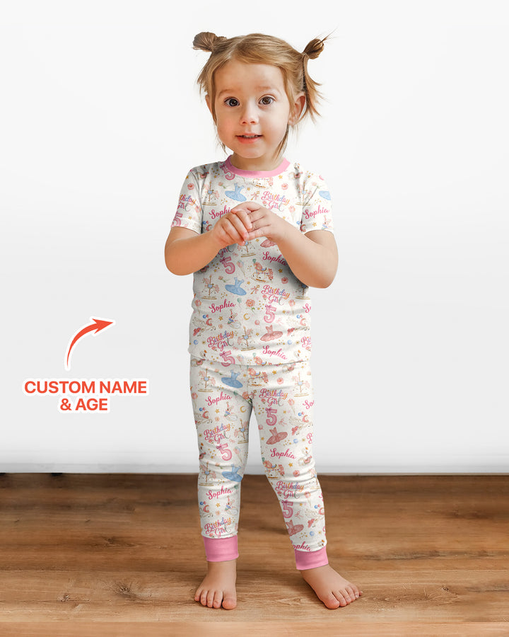 Ballerina Birthday Girl Custom Name & Age Bamboo Two Piece Short Sleeve Pajama Set