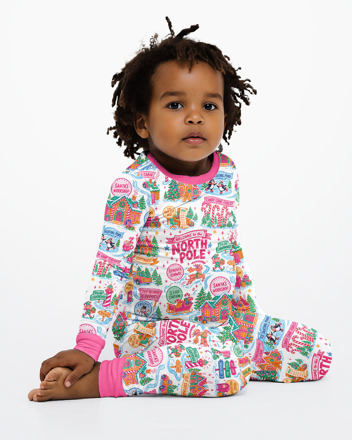Welcome To North Pole Village Pink Christmas Bamboo Two Piece Long Sleeve Pajama Set
