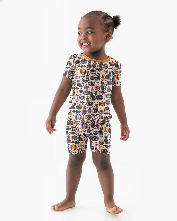 Whimsical Tribal Retro Halloween Black Cats Pumpkins Bamboo Two Piece Short Sleeve Shorts Pajama Set