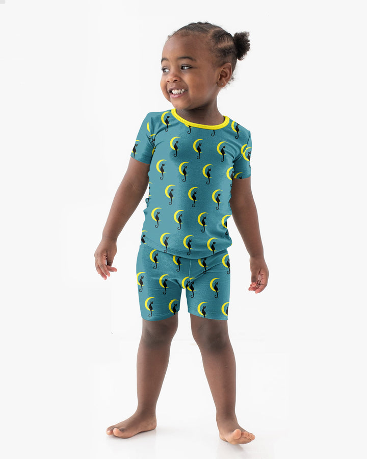 Black Cat Crescent Moon Celestial Night Bamboo Two Piece Short Sleeve Shorts Pajama Set