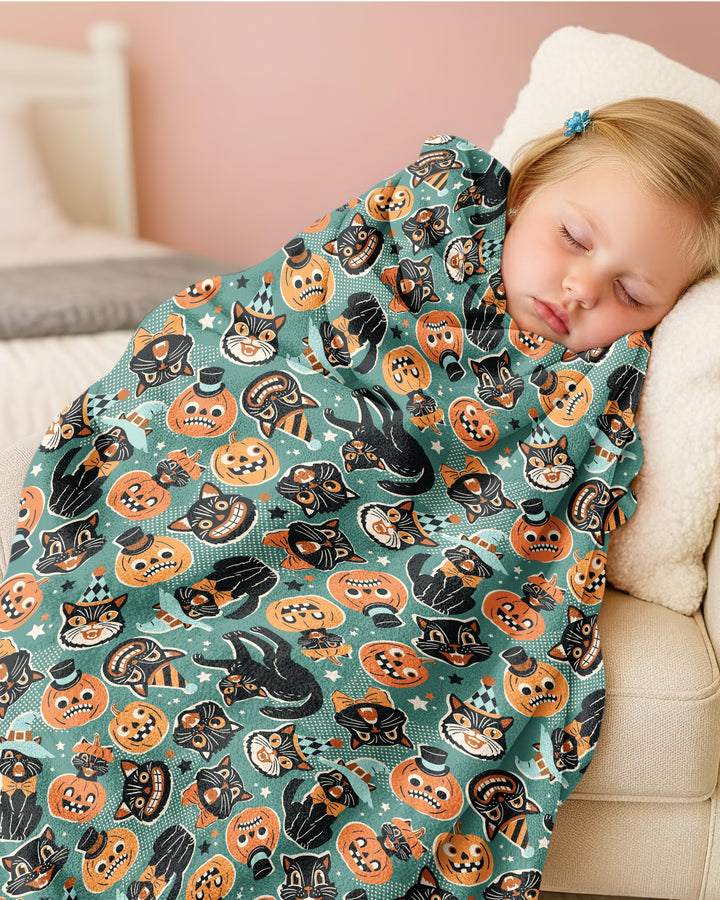 Retro Black Cat Witch Pumpkin Halloween Bamboo Blanket